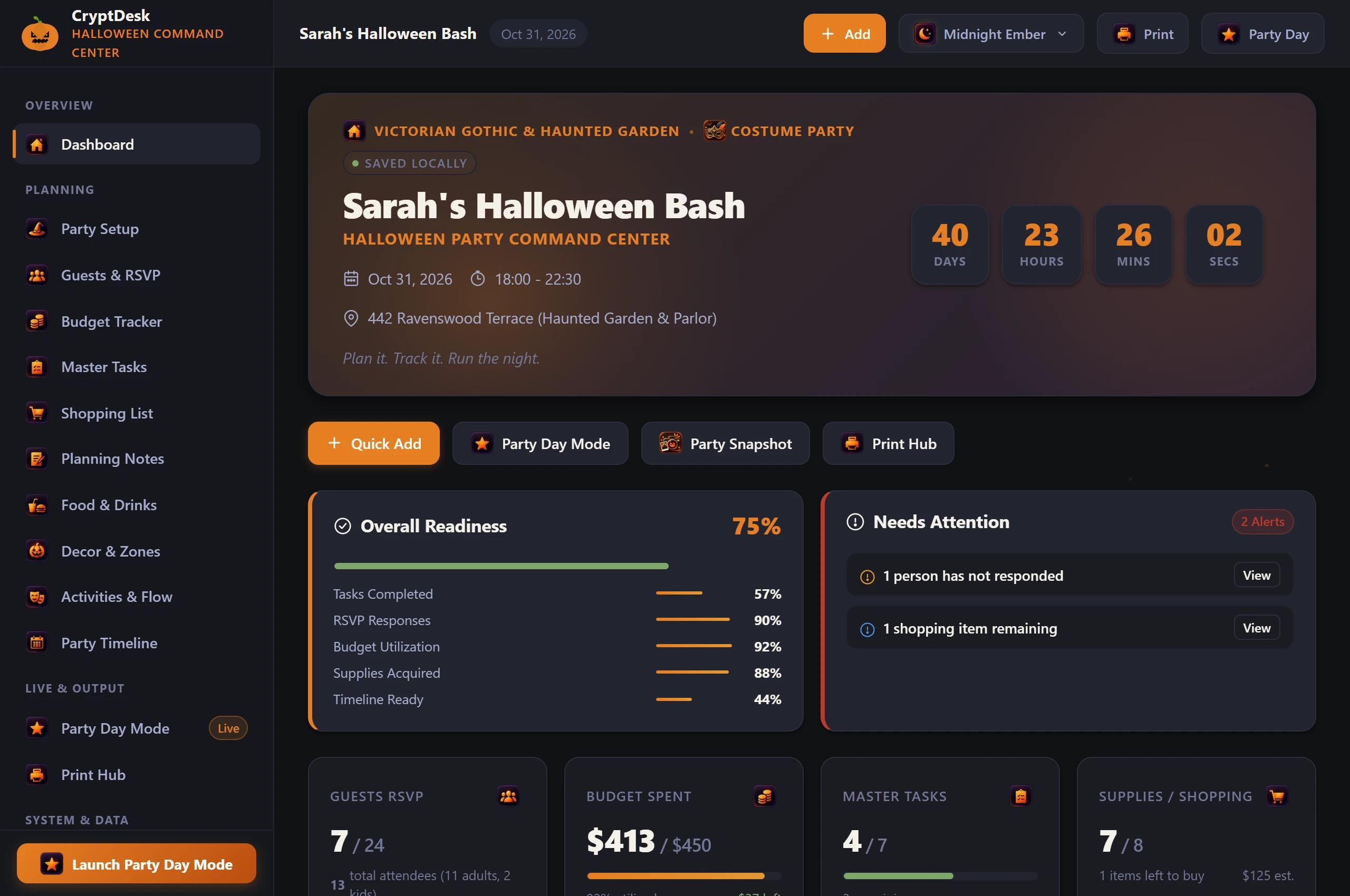 CryptDesk Halloween Party Command Center Dashboard Preview