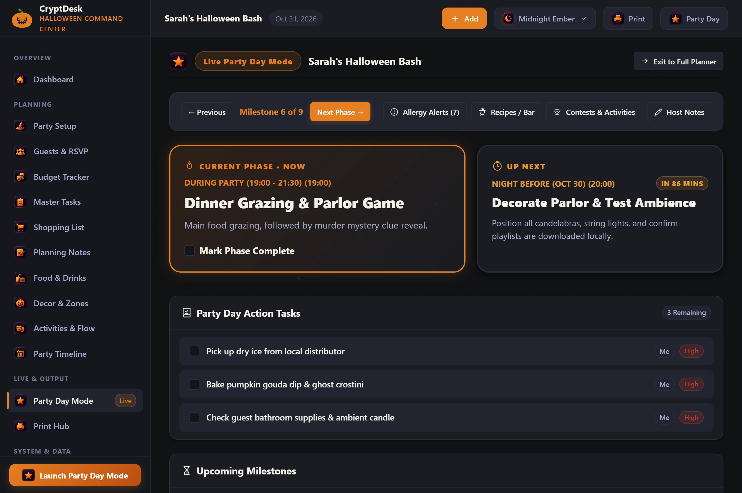 CryptDesk Party Day Mode showing live timeline and schedule management