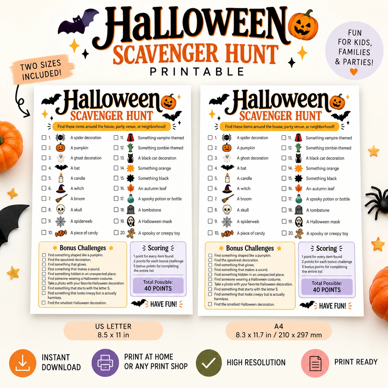Halloween Scavenger Hunt printable with 20 Halloween items, bonus challenges, and scoring
